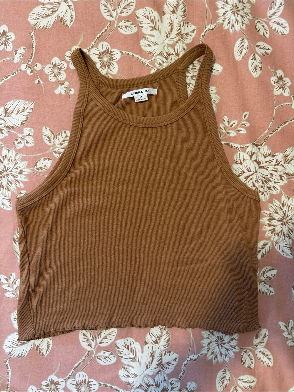 O'Neill Ribbed Cropped Tank Top — Tan/Brown - size M